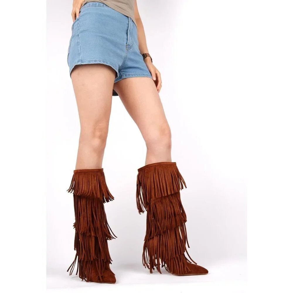 Women's Fringed Knee High Boots Pointy Toe Stilettos Faux Suede High Heels Boot